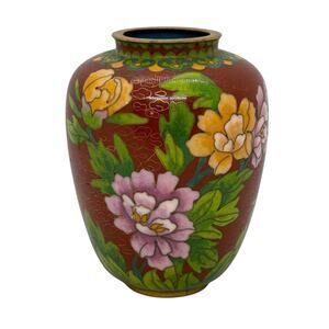 Early 20th Century Chinese Cloisonne 4 1/2” Vase Rust Color Purple Flowers